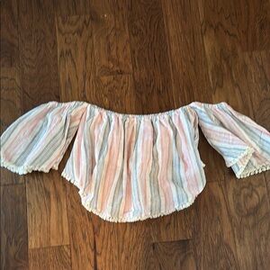 GB Off-Shoulder Ruffle Sleeve Top with Stripes